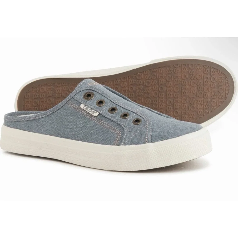 NWT $150 Taos EZ-Soul US 8 Slip On Sneaker Chambray Lake Blue Canvas Mules